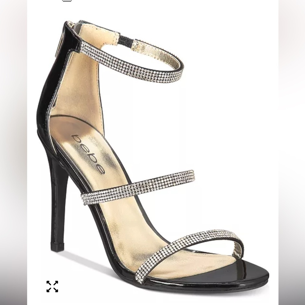 Bebe Black Janea Rhinestone Strappy Heels. Nearly new. 8.5. Gold zipper